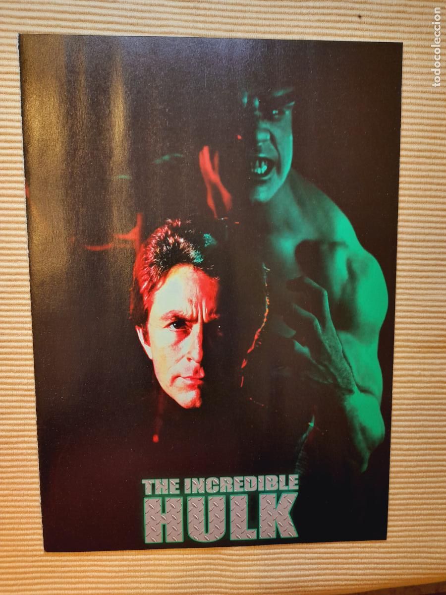 Cine: SERIES TV EL INCREIBLE HULK, LA MASA (1977) Bill Bixby, Lou Ferrigno (Hoja de revista reverso texto)