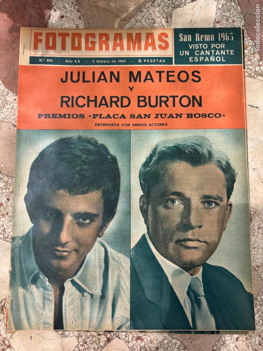 Cine: FOTOGRAMAS N&ordm; 851 A&Ntilde;O 1965. JULIAN MATEOS Y RICHARD BURTON EN PORTADA. DOLORES HART. MIKE MARSHALL.