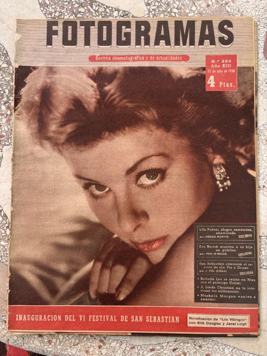 Cine: FOTOGRAMAS N&ordm; 504 A&Ntilde;O 1958. KIRK DOUGLAS Y JANET LEIGH. LILO PULVER. EVA BARTOK. BELINDA LEE.