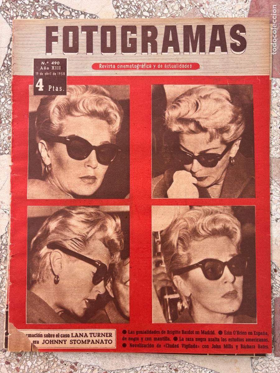 Cine: FOTOGRAMAS N&ordm; 490 a&ntilde;o 1958. LANA TURNER. JOHNNY STOMPANATO. BRGITTE BARDOT EN MADRID.