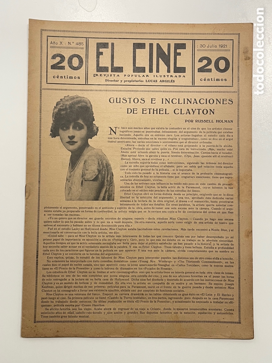 Cin&eacute;ma: El cine. Revista popular ilustrada,. 30 de julio de 1921. N&uacute;mero 485.