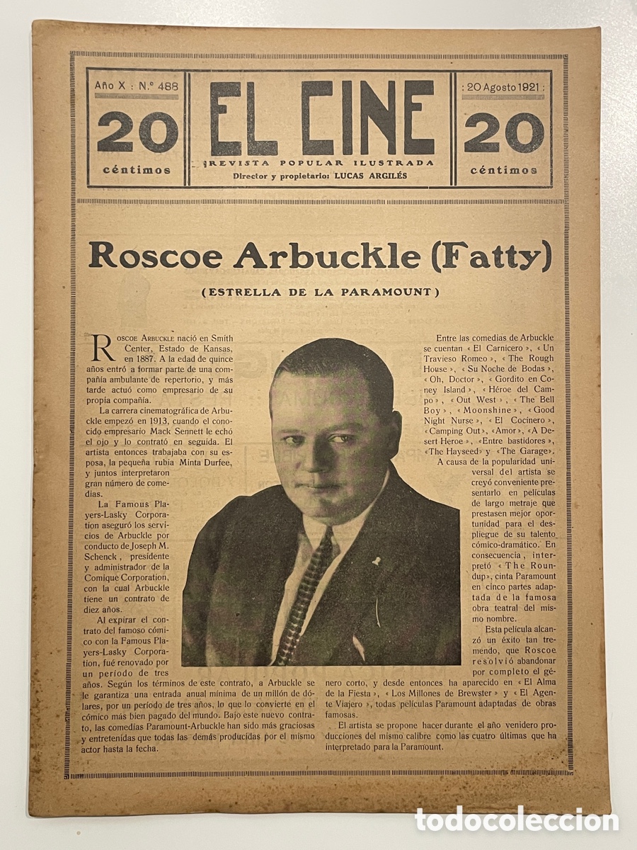 Cinema: El cine. Revista popular ilustrada. 20 de agosto de 1921. N&uacute;mero 488. Fatty.