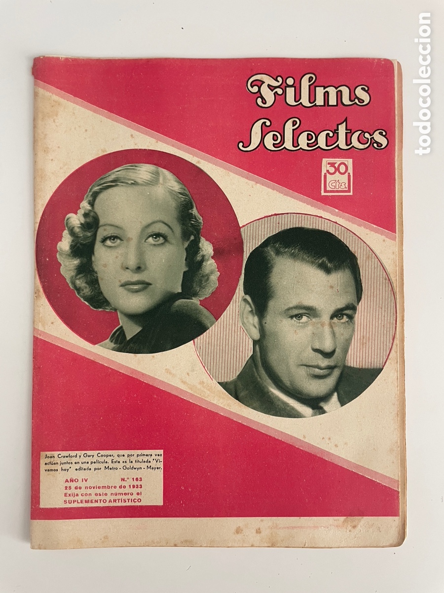 Cin&eacute;ma: Films selectos. 25 noviembre 1933. N&uacute;mero 163. Joan Crawford y Gary Cooper.