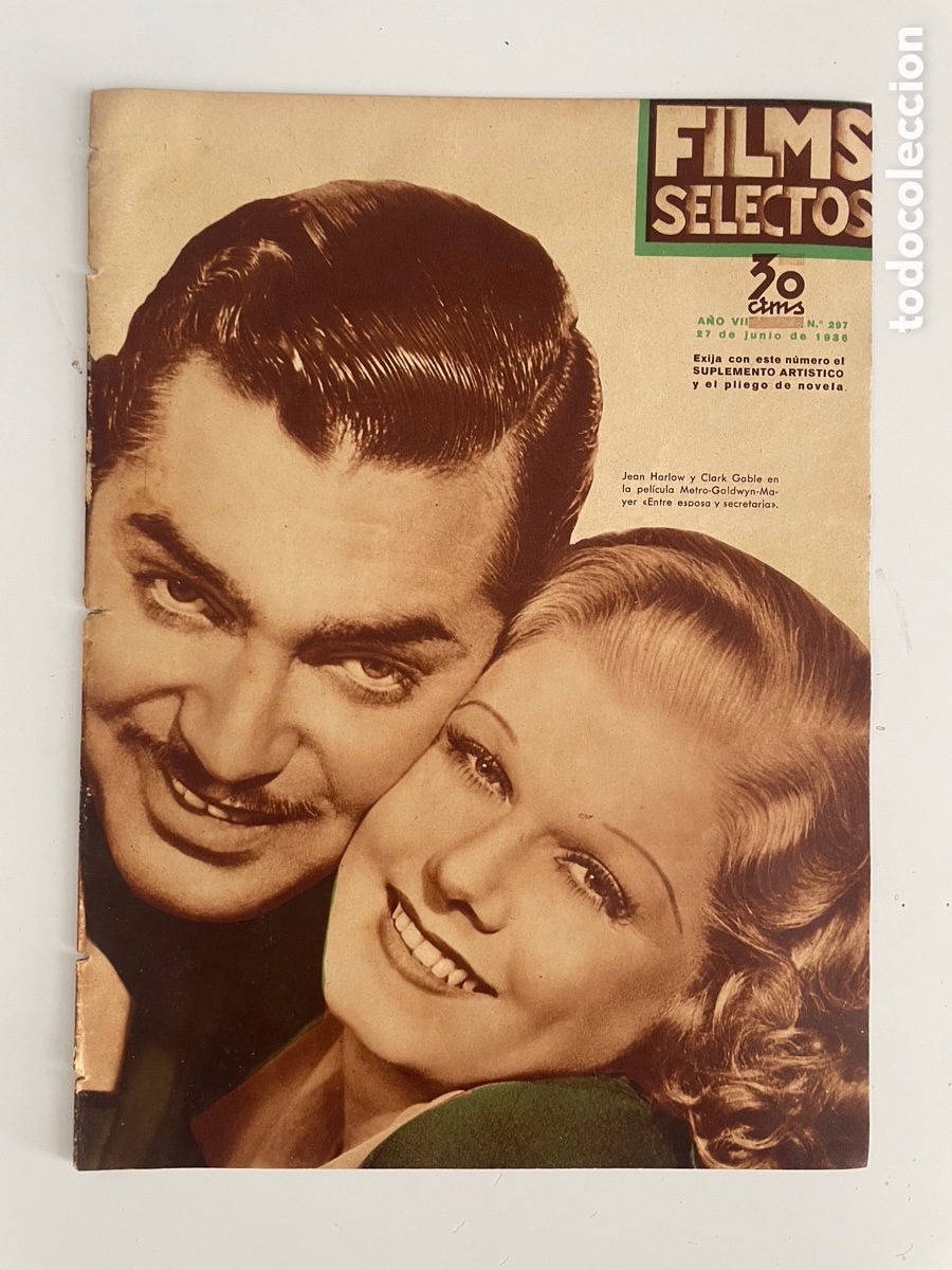 Cin&eacute;ma: Films selectos. 27 junio 1936. N&uacute;mero 297. Jean Harlow y Clark Gable.