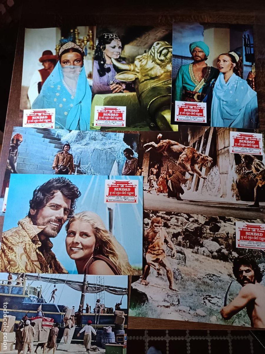Cine: SIMBAD y EL OJO DEL TIGRE Sam Wanamaker y Ray Harryhausen. 8 FOTOCROMOS CARTELES TAQUILLA