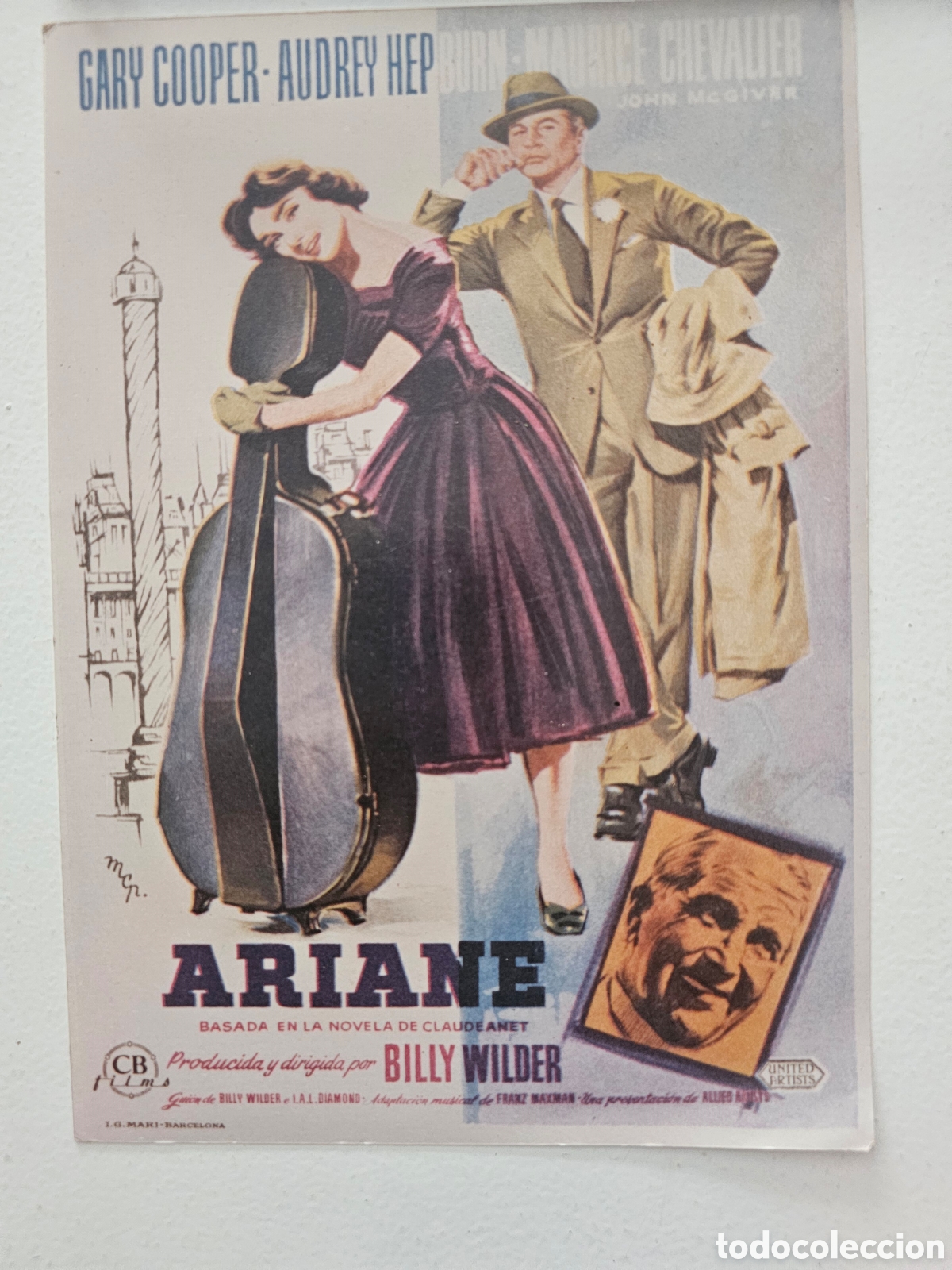 Cine: ​Fotocromo / Gu&iacute;a publicitaria de mano: Ariane (1957) &ndash; Audrey Hepburn y Gary Cooper