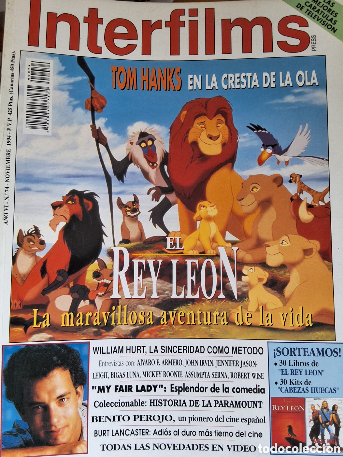 Cine: Interfilms revista cine n&uacute;mero 74 a&ntilde;o 1994/11 Rey le&oacute;n Hanks incluye caratulas programas
