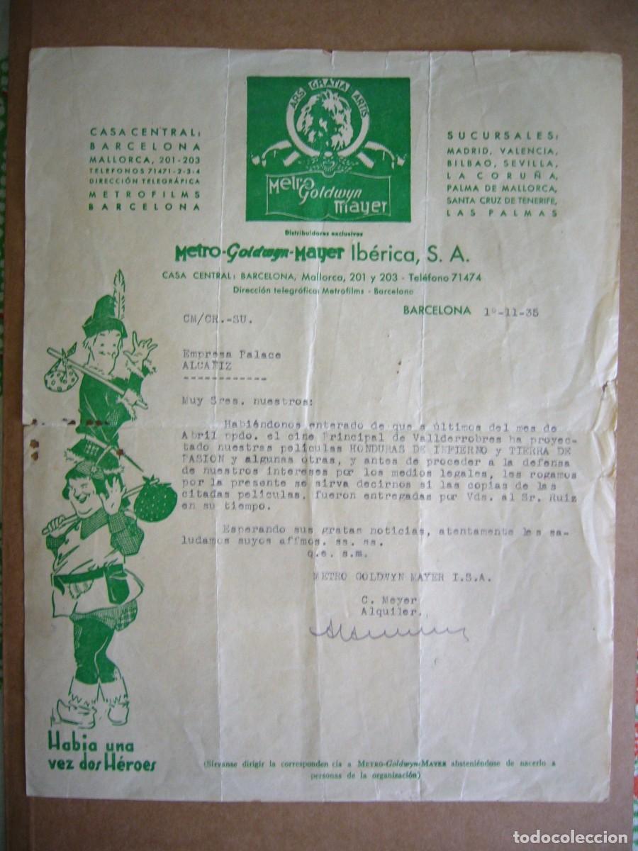 Cine: CURIOSA CARTA DE LA METRO GOLDWYN MAYER 1935 ALCA&Ntilde;IZ VALDERROBRES ( TERUEL ).