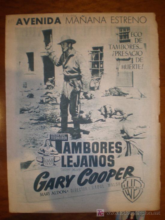 Cine: TAMBORES LEJANOS CON GARY COOPER. PAGINA-ANUNCIO. 1951. PRIMER PLANO: RECORTE DE PRENSA
