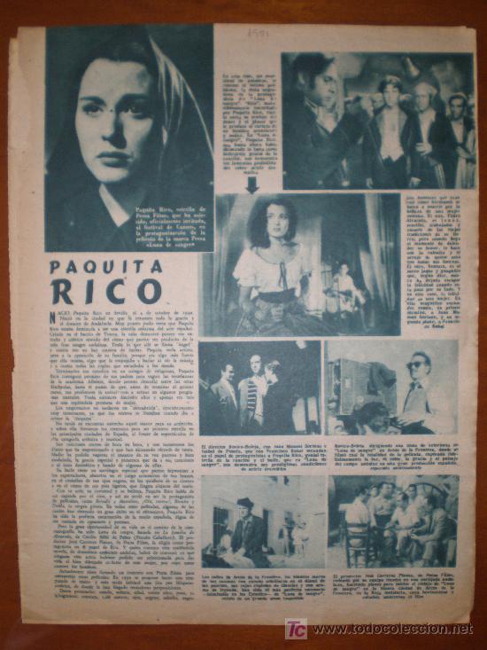 Cine: PAQUITA RICO. 1951. PRIMER PLANO: RECORTE DE PRENSA.