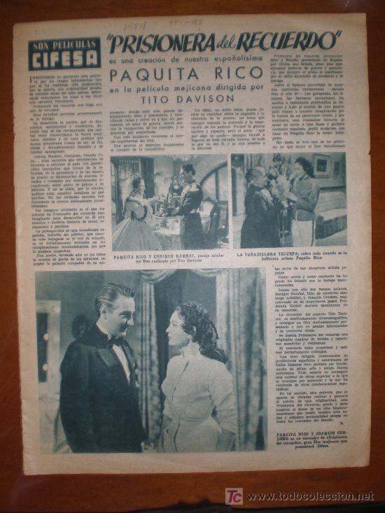 Cine: PRISIONERA DEL RECUERDO CON PAQUITA RICO. 1954. PRIMER PLANO: RECORTE DE PRENSA