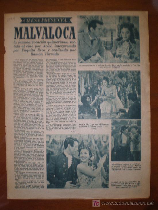Cine: MALVALOCA CON PAQUITA RICO. 1954. PRIMER PLANO: RECORTE DE PRENSA