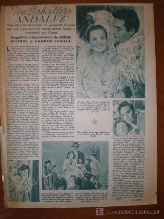 Cine: UN CABALLERO ANDALUZ CON CARMEN SEVILLA Y JORGE MISTRAL.1954. PRIMER PLANO: RECORTE DE PRENSA
