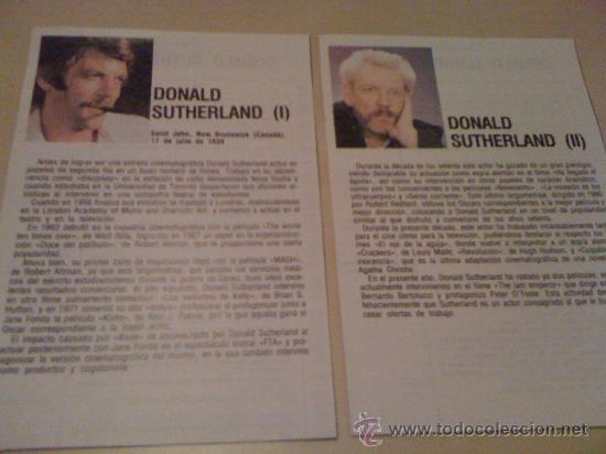 Cin&eacute;ma: 2 fichas del actor Donald Sutherland. Con fotograf&iacute;as y biograf&iacute;a + filmograf&iacute;a por detr&aacute;s.