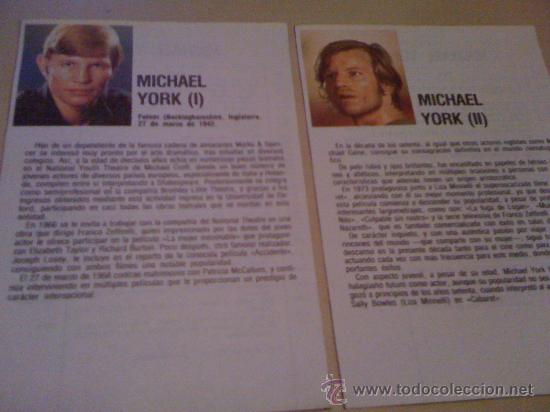 Cin&eacute;ma: 2 fichas del actor Michael York. Con fotograf&iacute;as y biograf&iacute;a + filmograf&iacute;a por detr&aacute;s.