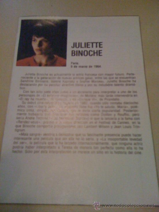Cin&eacute;ma: Ficha de la actriz Juliette Binoche. Con fotograf&iacute;a y biograf&iacute;a + filmograf&iacute;a por detr&aacute;s.