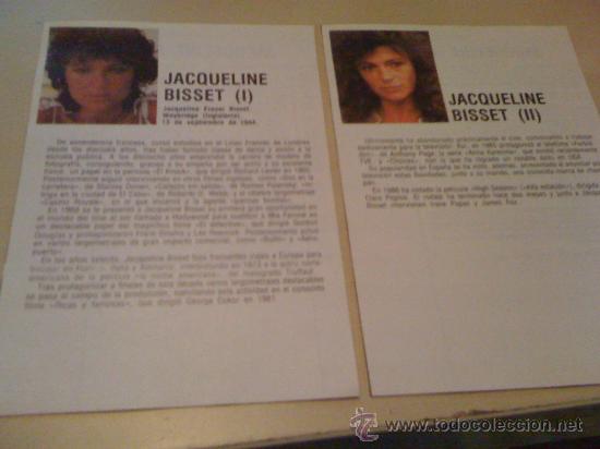Cin&eacute;ma: 2 fichas de la actriz Jacqueline Bisset. Con fotograf&iacute;as y biograf&iacute;a + filmograf&iacute;a por detr&aacute;s.