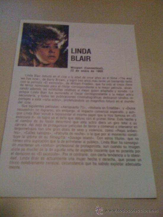 Cin&eacute;ma: Ficha de la actriz Linda Blair. Con fotograf&iacute;a y biograf&iacute;a + filmograf&iacute;a por detr&aacute;s.