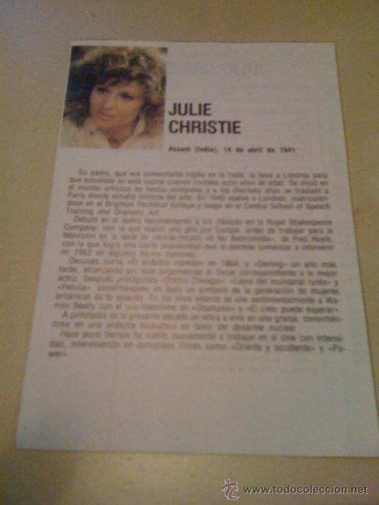 Cin&eacute;ma: Ficha de la actriz Julie Christie. Con fotograf&iacute;a y biograf&iacute;a + filmograf&iacute;a por detr&aacute;s.