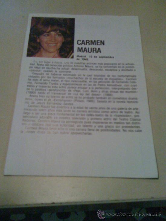 Cine: Ficha de la actriz Carmen Maura. Con fotograf&iacute;a y biograf&iacute;a + filmograf&iacute;a por detr&aacute;s.