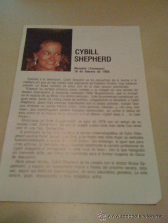 Cine: Ficha de la actriz Cybill Shepherd. Con fotograf&iacute;a y biograf&iacute;a + filmograf&iacute;a por detr&aacute;s.