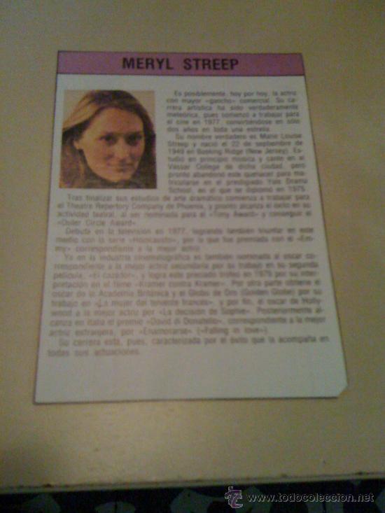 Cine: Ficha de la actriz Meryl Streep. Con fotograf&iacute;a y biograf&iacute;a + filmograf&iacute;a por detr&aacute;s.
