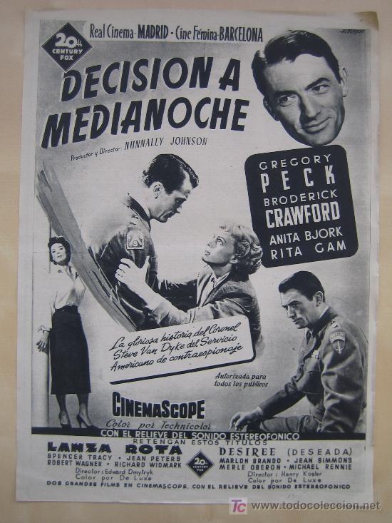 Cine: decision a medianoche gregory peck - publicidad original del estreno