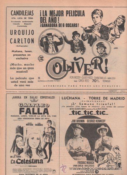 Cine: OLIVER!. RON MOODY. REED. LA CELESTINA. ...TIC...TIC...TIC... 1970. PUBLICIDAD ORIGINAL EN PRENSA.