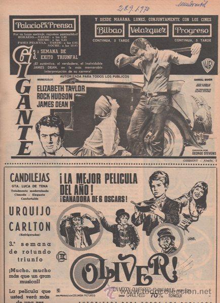 Cine: GIGANTE. JAMES DEAN. OLIVER!. RON MOODY. 1970. PUBLICIDAD ORIGINAL EN PRENSA.