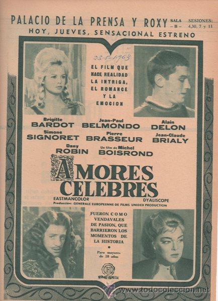Cine: AMORES C&Eacute;LEBRES. MICHEL BOISROND. 1963. BRIGITTE BARDOT. JEAN-PAUL BELMONDO. HISPAMEX FILMS.