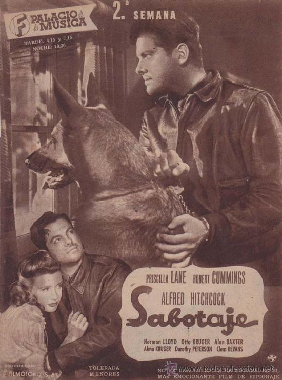 Cine: SABOTAJE: Director: Alfred Hitchcock - Actores: Priscilla Lane, Robert Cummings/ Publicidad de &eacute;poca