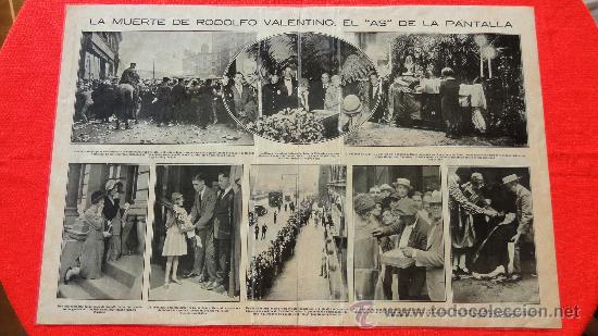 Cine: LA MUERTE DE RODOLFO VALENTINO 1926, DOS HOJAS DE REVISTA PLASTIFICADA ORIGINAL, EXCELENTE ESTADO