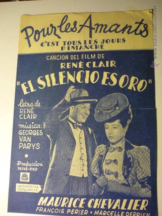Cine: folleto doble el silencio es oro.-con la cancion del film pour les amants-solfa dorso letra trompeta