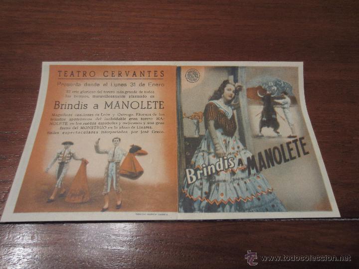 Cine: prospecto de cine Brindis a manolete paquita rico