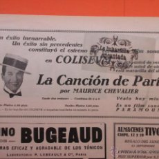 Cine: PUBLICIDAD 1929 - COLECCION CINE - MAURICE CHEVALIER EN COLISEUM BARCELONA LA CANCION DE PARIS. Lote 51072936