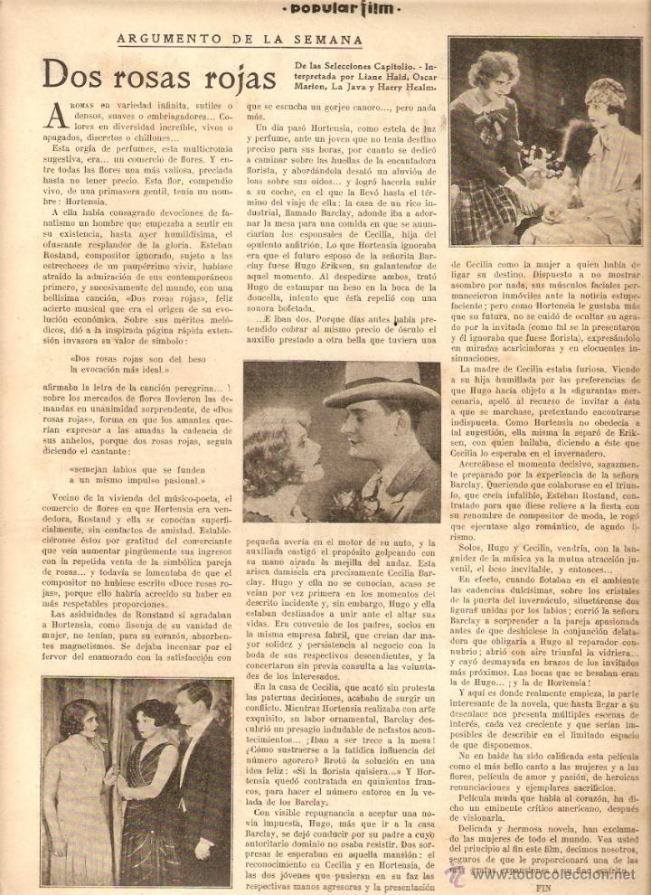 Cinema: A&Ntilde;O 1930 CINE RECORTE PRENSA ARGUMENTO PELICULA DOS ROSAS ROJAS
