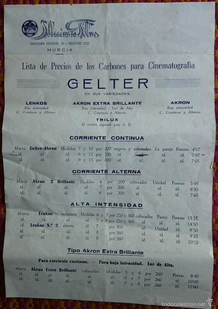 Cin&eacute;ma: Lista de precios de carbones para cinematograf&iacute;a. Selecciones Films, Murcia.