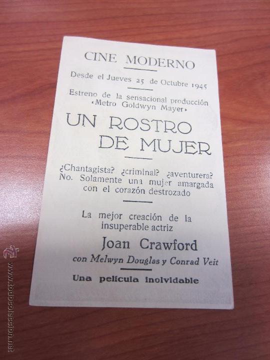 Cine: UN ROSTRO DE MUJER PROGRAMA SENCILLO MGM JOAN CRAWFORD - Foto 2