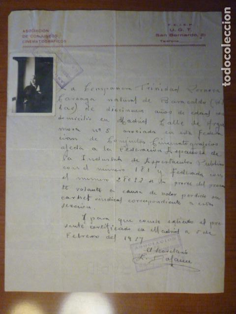 Cine: DOCUMENTO CON FOTOGRAFIA QUE ACREDITA A TRINIDAD ZORNOZA CAREAGA AFECTA AL SINDICATO UGT. 1937