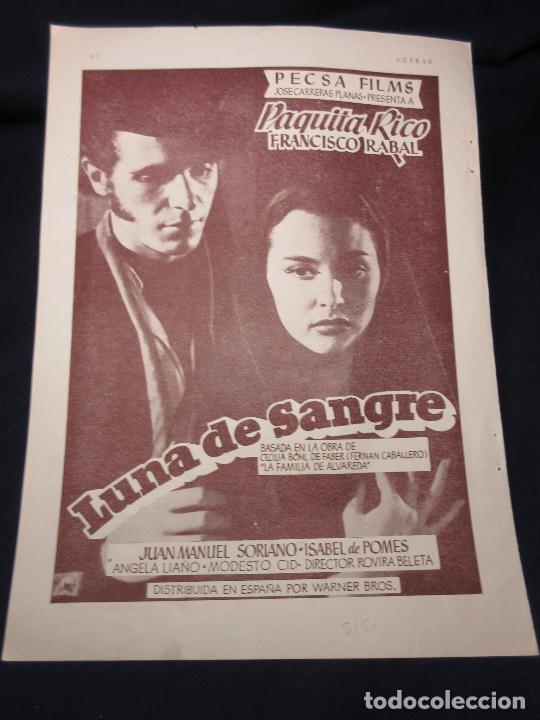 Cine: PUBLICIDAD 1951 - COLECCION CINE - LUNA DE SANGRE PAQUITA RICO FRANCISCO RABAL