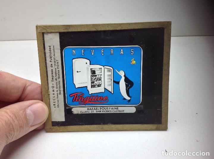 Cine: CLICHE PUBLICIDAD CELULOIDE SOBRE CRISTAL- PUBLICIDAD CINES A&Ntilde;OS 50/60 - NEVERAS PINGUINO