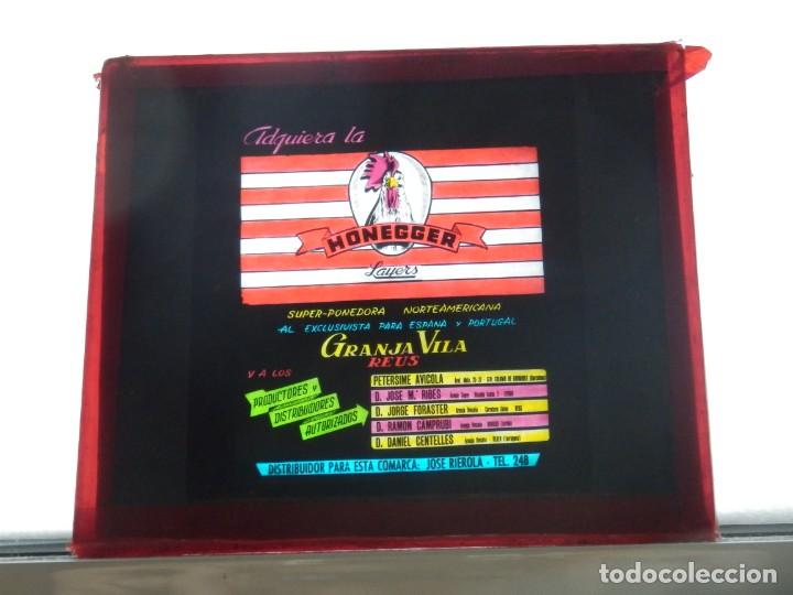 Cine: Diapositiva cristal publicidad cine Honegger granja Vila Jose Rierola Reus a&ntilde;os 50 o 60