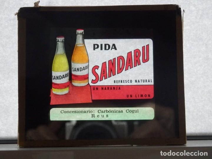 Cine: Diapositiva cristal publicidad Cine refresco Sandaru Carbonicas Cogul Reus a&ntilde;os 50 o 60