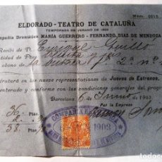 Cine: RECIBO ABONO TEATRO DE CATALUÑA ELDORADO TEMPORADA VERANO DE 1903 COMPAÑIA MARIA GUERRERO. Lote 203950318