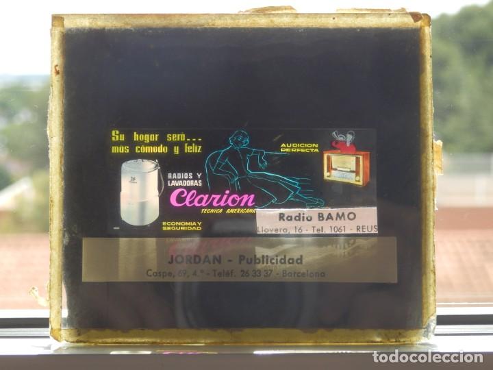 Cine: Diapositiva cristal publicidad Cine Radios y lavadoras Clarion Radio Bamo reus a&ntilde;os 50 o 60