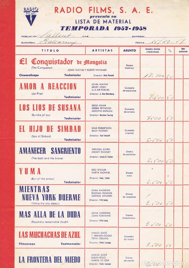 Cinema: HOJA PUBLICIDAD RADIO FILMS LISTA DE PELICULAS TEMPORADA 1957-1958.