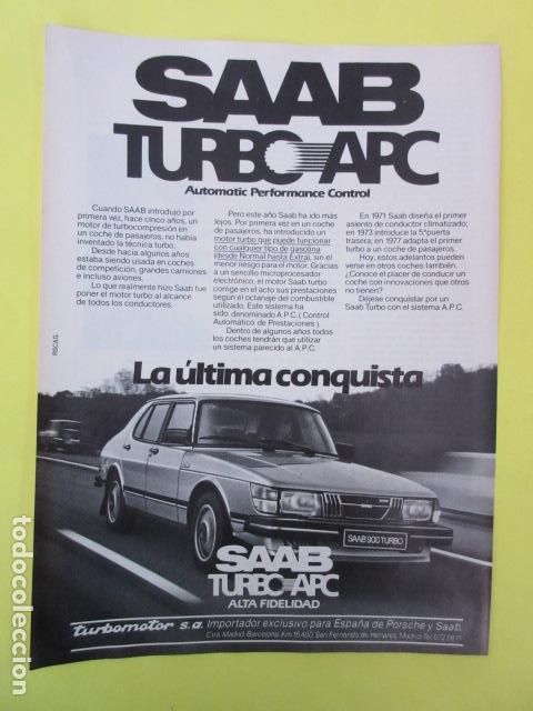 Cine: PUBLICIDAD 1982 - COLECCION COCHES - SAAB - 900 TURBO APC ALTA FIDELIDAD TUBOMOTOR IMPORTA PORSCHE