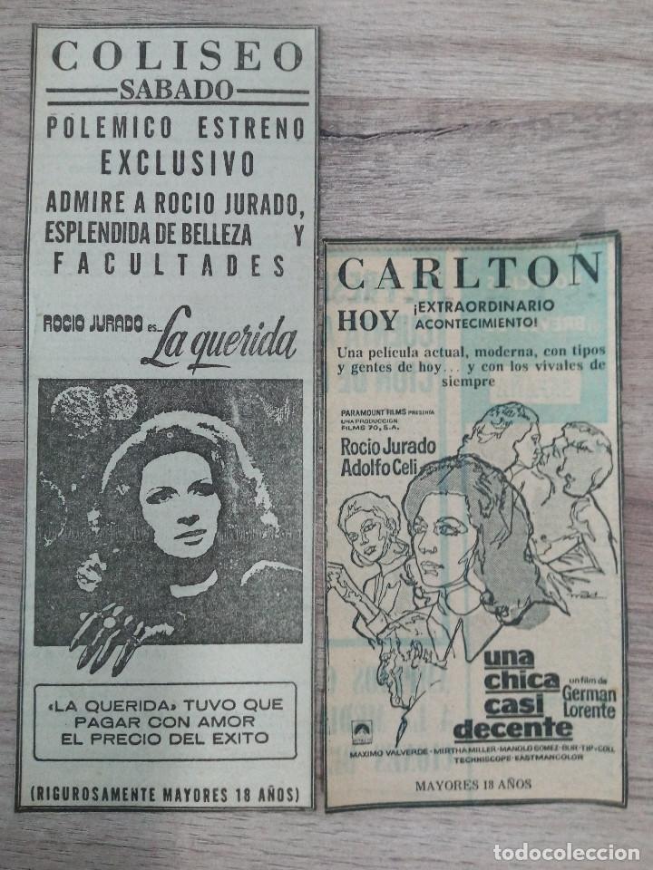 Cine: ROCIO JURADO, DOS RECORTES DE PERIODICOS ANTIGUOS DE ANUNCIOS DE SUS PELICULAS