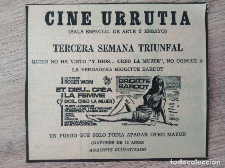 Cine: ...Y DIOS CREO A LA MUJER, BRIGITTE BARDOT, RECORTE DE PERIODICO ANTIGUO