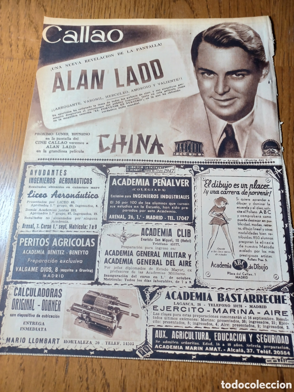 Cin&eacute;ma: ALAN LADD .NUEVA REVELACION . PELICULA CHINA .CINE CALLAO. 1946 .30 X 22 CM